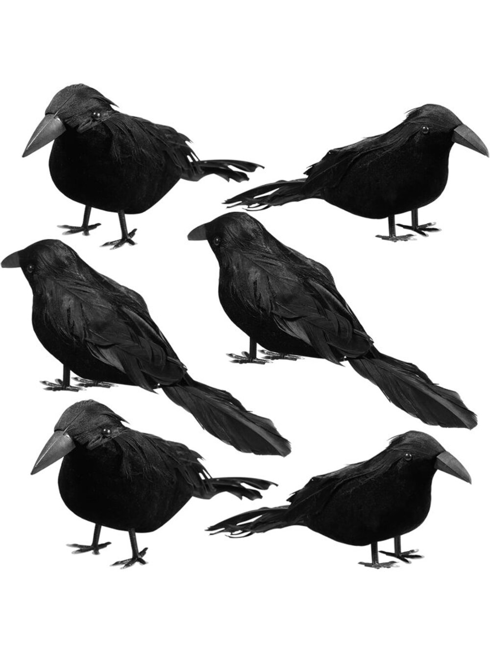 New 6 Pack Halloween Black Feathered Crows 7 Inch Realistic Raven Decor Props